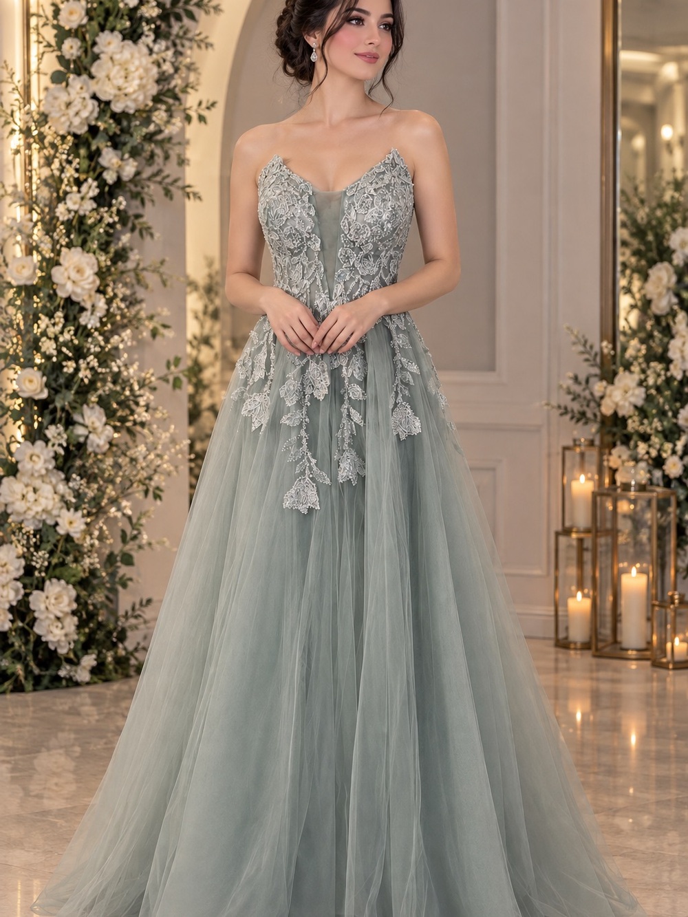Strapless Sage Green Tulle Gown with Lace Appliqué
